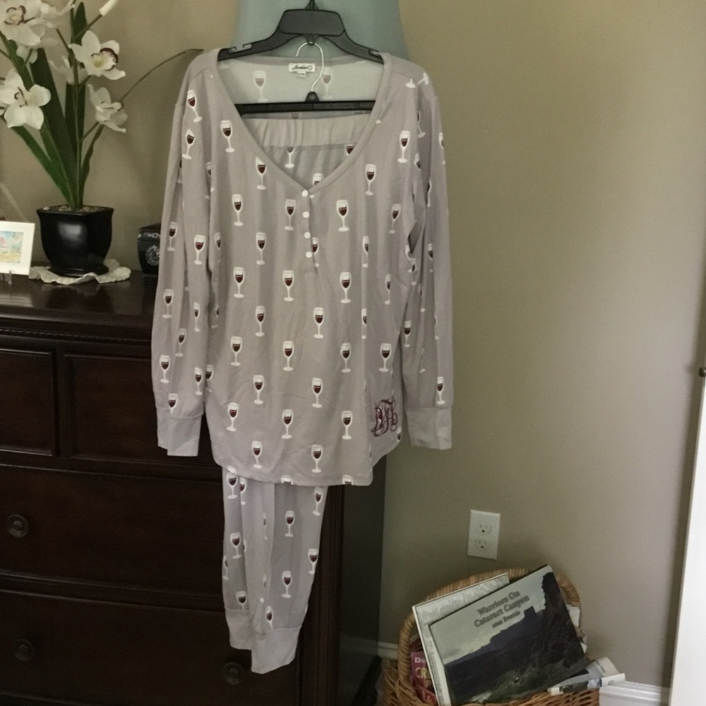 Long-Sleeve Taupe Pajama Set with Wine Glass Print
